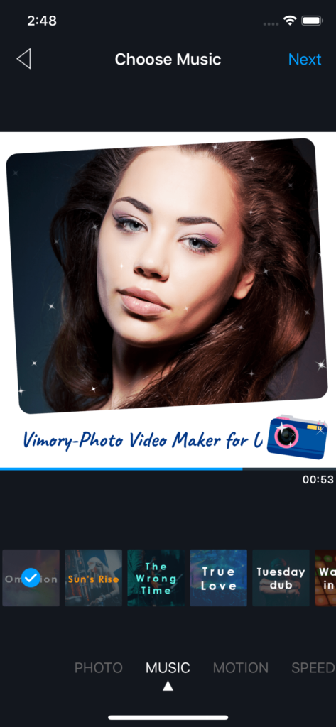 Vimory app Choose Music UI