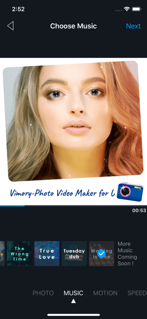 Vimory app Choose Music UI