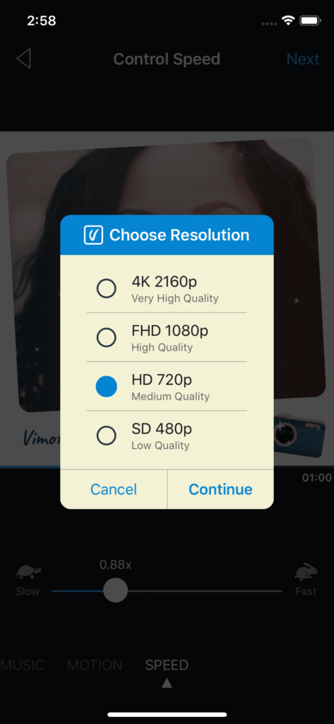 Vimory app Choose Resolution UI